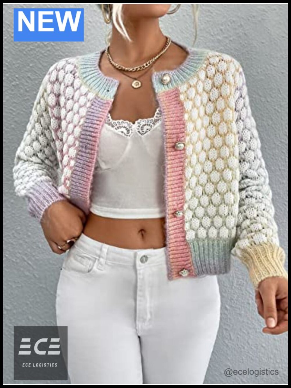 Cropped Button Up Cardigan Tweed Pearl-Button Knit Layering Top - Picture 2 of 6